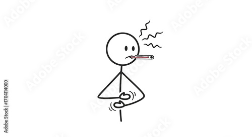 Stick figure with thermometer, experiencing fever and chills. Simple illness concept illustration.