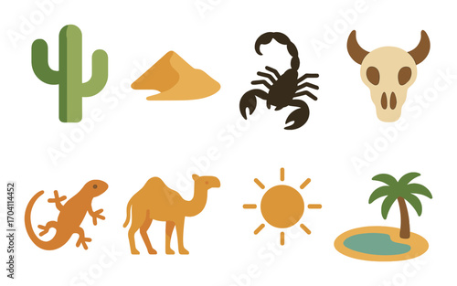 Desert symbols cactus scorpion skull sand dunes lizard camel sun palm oasis