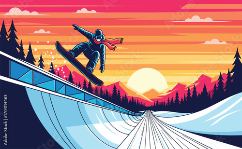 Snowboarder Performing Trick Against Colorful Sunset Background