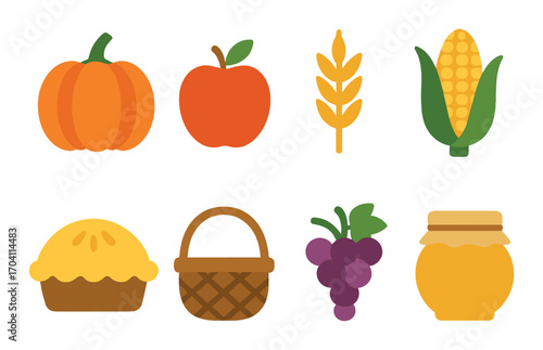 Colorful autumn harvest icons: pumpkin, apple, corn, wheat, pie, basket, grapes, honey