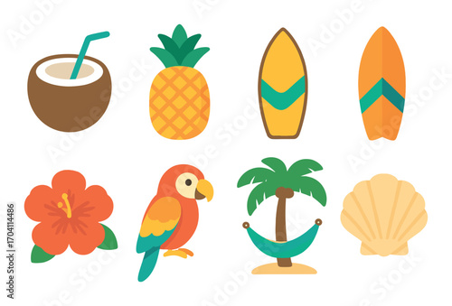 Tropical icons: coconut, surfboards, pineapple, parrot, palm, flower, shell