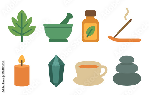 Holistic wellness symbols with leaves, candles, tea, and incense