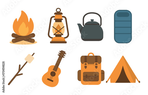 Camping essentials: campfire, lantern, kettle, sleeping bag, marshmallow, guitar, backpack, tent