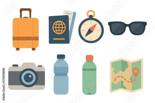 Travel essentials: luggage, passport, map, and accessories for exploration