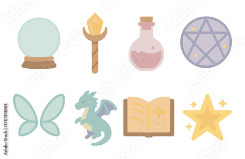 Mystical symbols set: crystal ball, magic wand, potion, pentagram, wings, dragon, book, star