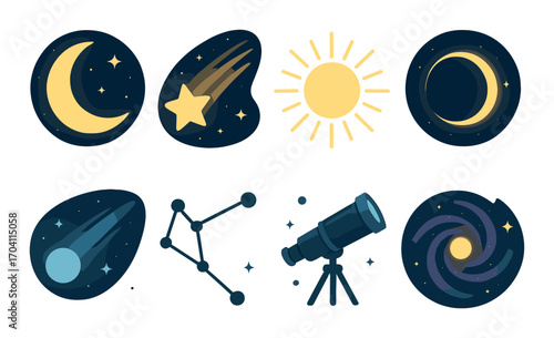 Celestial icons: moon, sun, comet, telescope, constellation, galaxy