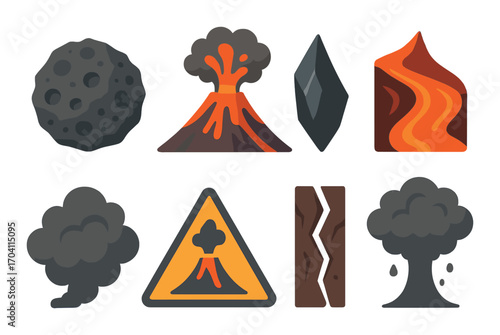 Volcanic eruption icons featuring lava, rocks, and smoke with danger symbol