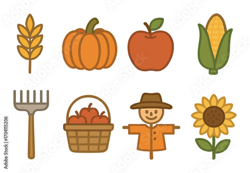 Autumn harvest icons: wheat, pumpkin, apple, corn, rake, basket, scarecrow, sunflower