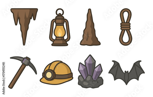 Cave exploration icons: lamp, stalagmite, rope, pickaxe, helmet, crystals, bat