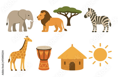 African wildlife and culture: elephant, lion, zebra, giraffe, drum, hut, sun