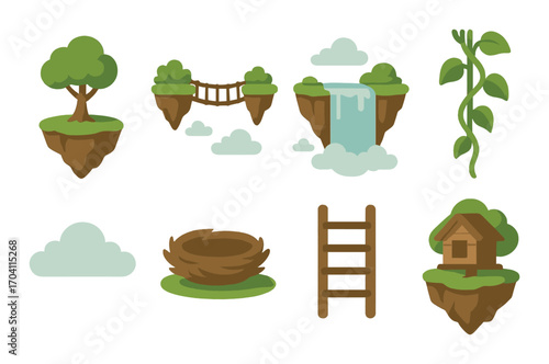 Fantasy floating islands with trees and waterfall amidst clouds