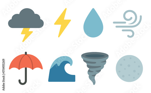 Neon weather symbols: cloud, lightning, rain, wind, umbrella, wave, tornado, moon