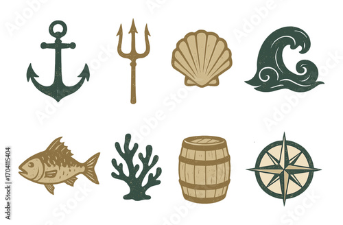 Vintage nautical icons: anchor, trident, shell, wave, fish, coral, barrel, compass