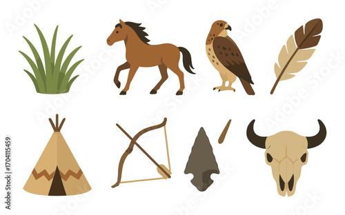 Native american symbols: wildlife, tools, and cultural icons illustrated