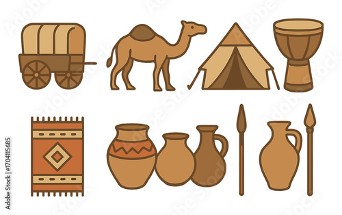 Desert caravan elements: camel, tent, drum, pottery, spear, wagon, rug symbols
