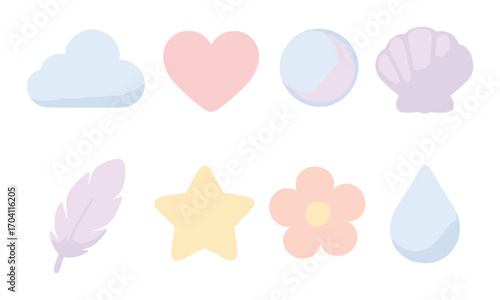 Glowing neon icons: cloud, heart, sphere, shell, feather, star, flower, water drop