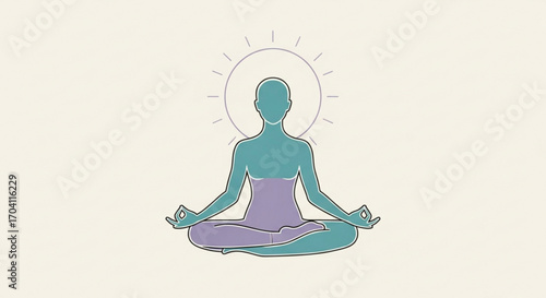 A serene yoga pose silhouette with a radiant halo, , symbolizing meditation, mindfulness, and inner peace for wellness