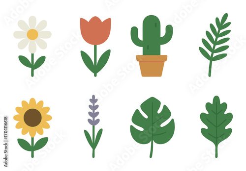 Vibrant floral and foliage graphic featuring cactus, tulip, sunflower, and leaves