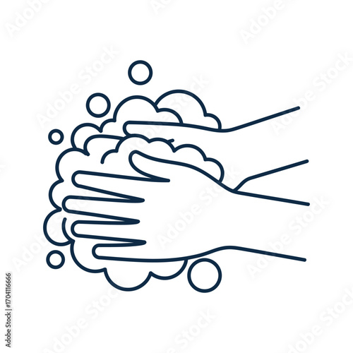 Minimalist navy blue line art illustration of hands washing with soap and bubbles, symbolizing hygiene and cleanliness