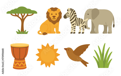 Colorful african safari icons featuring animals and nature elements