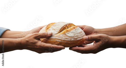 Two Hands Sharing Artisan Loaf of Freshly Baked Bread
