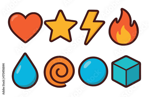 Colorful vector icons: heart, star, lightning, fire, water, spiral, sphere, cube