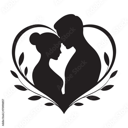 Black silhouette of couple embracing within heart shape and leaves