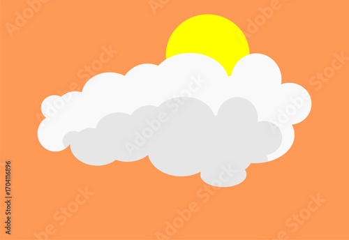 Flat vector illustration of the sun partially covered by clouds on an orange sky background. Simple weather icon design for forecast apps, climate graphics, and educational materials