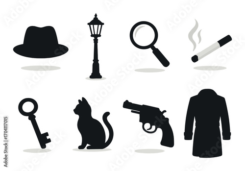Silhouette icons: detective theme with hat, magnifying glass, and more