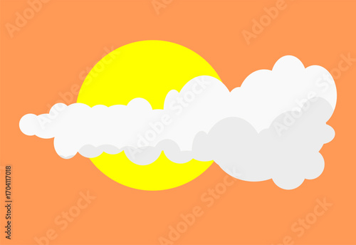 Flat vector illustration of the sun partially covered by clouds on an orange sky background. Simple weather icon design for forecast apps, climate graphics, and educational materials