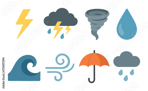 Weather icons highlighting storms, tornado, rain, and umbrella in vivid colors