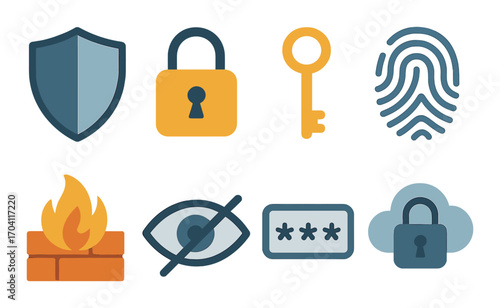 Digital security icons: shield, lock, key, fingerprint, firewall, hidden eye, password