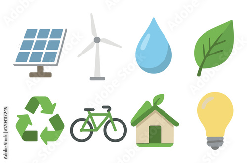 Eco-friendly symbols: solar, wind, water, leaf, recycle, bicycle, house, light bulb