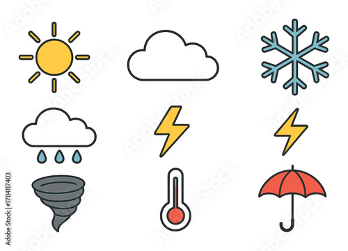 Weather icons set: sun, cloud, snowflake, rain, lightning, tornado, thermometer, umbrella