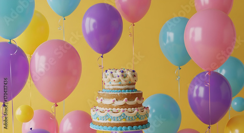 Celebration birthday party cake with colorful balloons yellow background stock photo and images for events