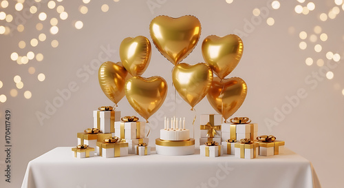 Celebration birthday party with cake gifts and gold heart balloons for special event occasion festive mood