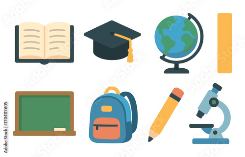 Educational tools and symbols including book, globe, backpack, and microscope