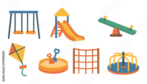 Colorful playground equipment set featuring swing, slide, seesaw, sandbox, climbing net, kite, merry-go-round