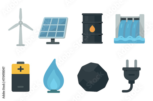 Renewable and non-renewable energy icons: wind, solar, hydro, oil, battery, gas, coal, plug