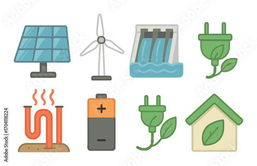 Renewable energy icons featuring solar, wind, hydro, geothermal, battery, eco-friendly plug, green home
