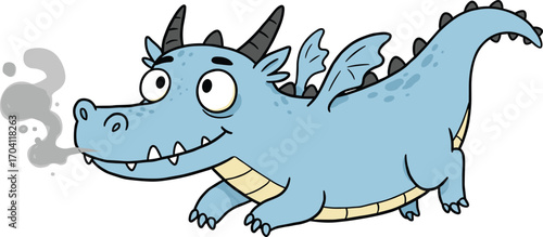 Cute cartoon dragon illustration breathing smoke, funny blue dragon character with wings and horns, fantasy mythical creature design for kids