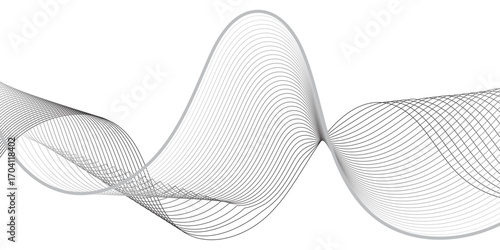 Create a dynamic abstract composition where thin black lines bend and intersect in a wavelike structure. The overlapping lines should form a translucent mesh, producing depth and dimension against a 