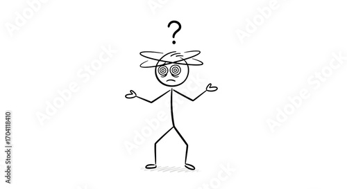 Confused Stick Figure with Question Mark and Swirling Head, Expressing Uncertainty, Dizziness, and Bewilderment