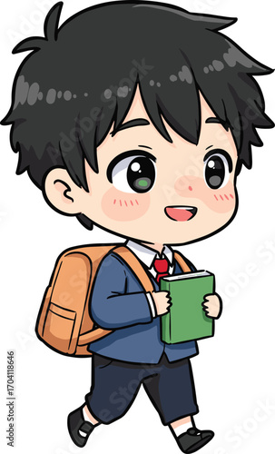 Cute chibi schoolboy illustration with backpack and book, happy student character in school uniform, cartoon child education and learning design