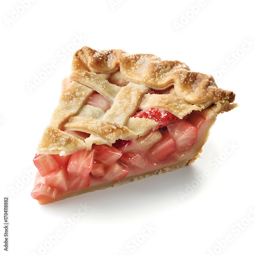 A slice of lattice-top fruit pie with visible red filling and golden crust