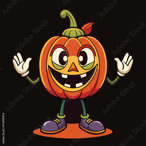 Vintage retro style Halloween pumpkin cartoon mascot character with expressive faces and gestures isolated on black