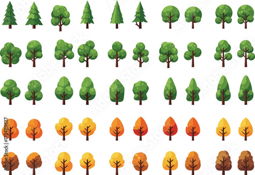 Cartoon tree collection, green trees, autumn trees, seasonal nature illustration, forest plants, eco design, landscape elements, foliage, park, woodland set