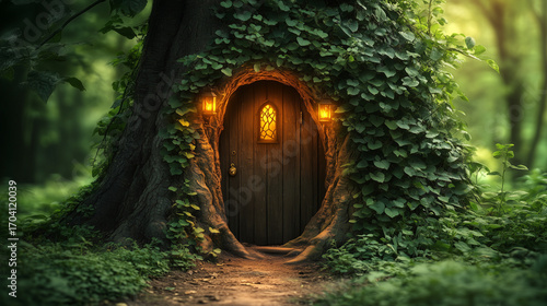 A whimsical wooden door with glowing lanterns is built into a large tree trunk, covered in ivy, within a magical green forest.