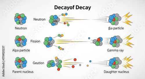 A detailed scientific diagram illustrating the processes of radioactive decay, including alpha, beta, and gamma radiation emissions from atomic nuclei