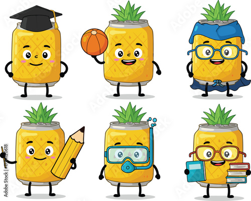 Cute pineapple soda can mascot set, cartoon drink characters, funny beverage illustration, education, sports, superhero, diving, school, summer design